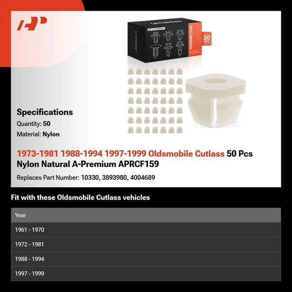 1973-1981 1988-1994 1997-1999 Oldsmobile Cutlass 50 Pcs Nylon Natural A-Premium APRCF159