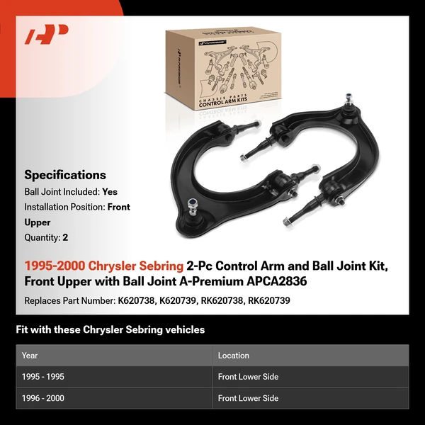 1995-2000 Chrysler Sebring 2-Pc Control Arm and Ball Joint Kit, Front Upper with Ball Joint A-Premium APCA2836