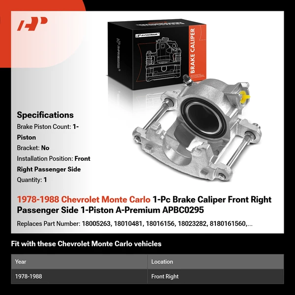 1978-1988 Chevrolet Monte Carlo 1-Pc Brake Caliper Front Right Passenger Side 1-Piston A-Premium APBC0295