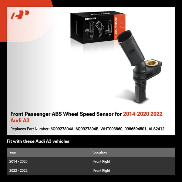 Front Passenger ABS Wheel Speed Sensor for 2014-2020 2022 Audi A3