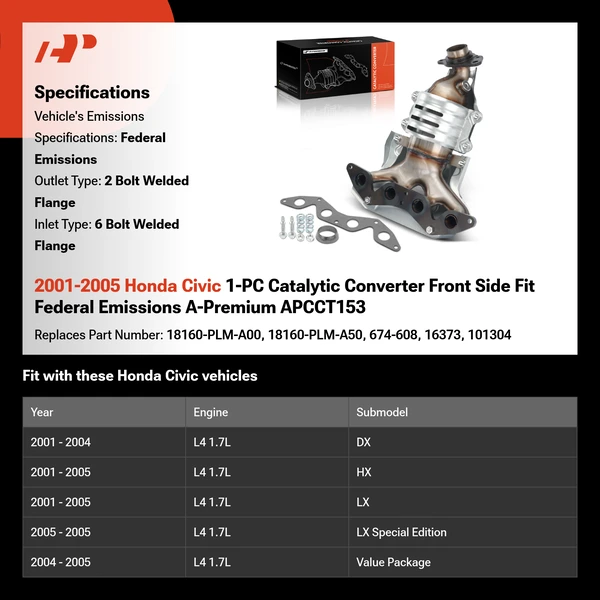 2001-2005 Honda Civic 1-PC Catalytic Converter Front Side Fit Federal Emissions A-Premium APCCT153