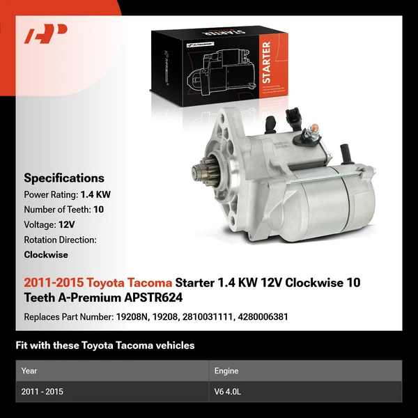 2011-2015 Toyota Tacoma Starter 1.4 KW 12V Clockwise 10 Teeth A-Premium APSTR624