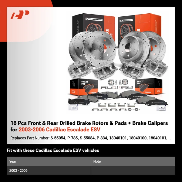 16 Pcs Front & Rear Drilled Brake Rotors & Pads + Brake Calipers for 2003-2006 Cadillac Escalade ESV