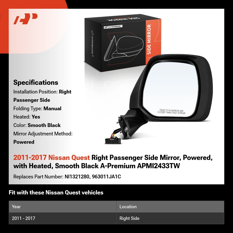 2011-2017 Nissan Quest Right Passenger Side Mirror, Powered, with Heated, Smooth Black A-Premium APMI2433TW