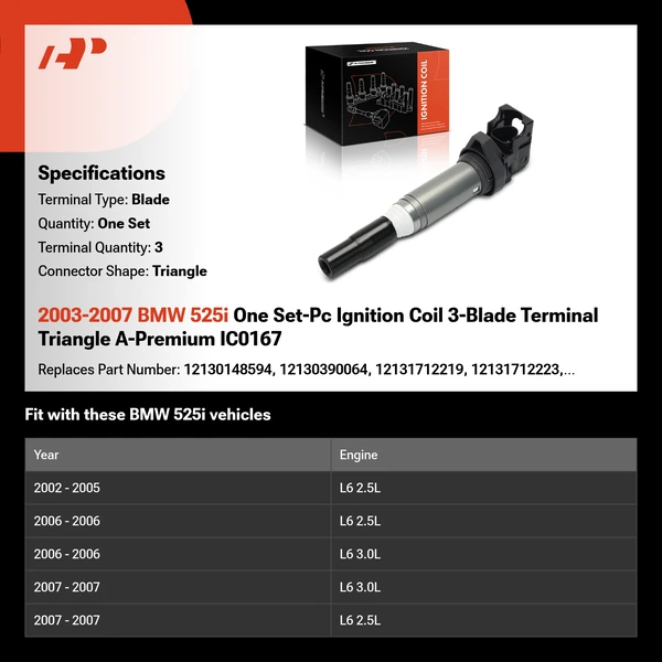 2003-2007 BMW 525i One Set-Pc Ignition Coil 3-Blade Terminal Triangle A-Premium IC0167