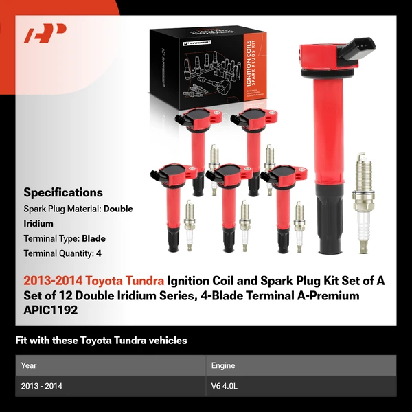 2013-2014 Toyota Tundra Ignition Coil and Spark Plug Kit Set of A Set of 12 Double Iridium Series, 4-Blade Terminal A-Premium APIC1192
