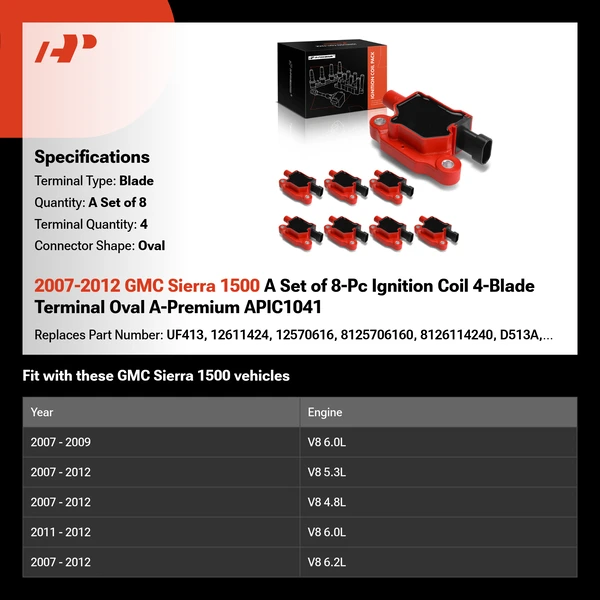 2007-2012 GMC Sierra 1500 A Set of 8-Pc Ignition Coil 4-Blade Terminal Oval A-Premium APIC1041