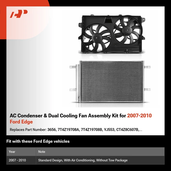 AC Condenser & Dual Cooling Fan Assembly Kit for 2007-2010 Ford Edge