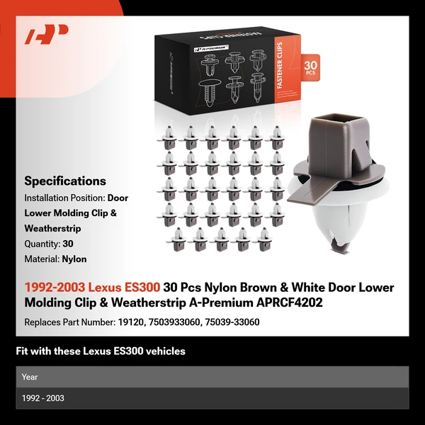 1992-2003 Lexus ES300 30 Pcs Nylon Brown & White Door Lower Molding Clip & Weatherstrip A-Premium APRCF4202