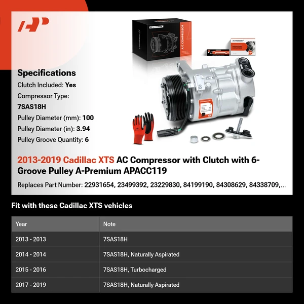 2013-2019 Cadillac XTS AC Compressor with Clutch with 6-Groove Pulley A-Premium APACC119