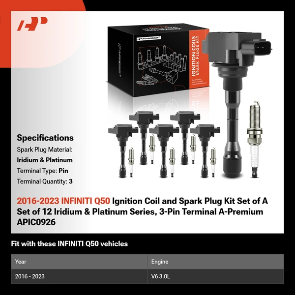 2016-2023 INFINITI Q50 Ignition Coil and Spark Plug Kit Set of A Set of 12 Iridium & Platinum Series, 3-Pin Terminal A-Premium APIC0926