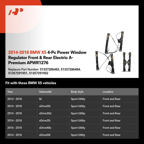 2014-2018 BMW X5 4-Pc Power Window Regulator Front & Rear Electric A-Premium APWR1276