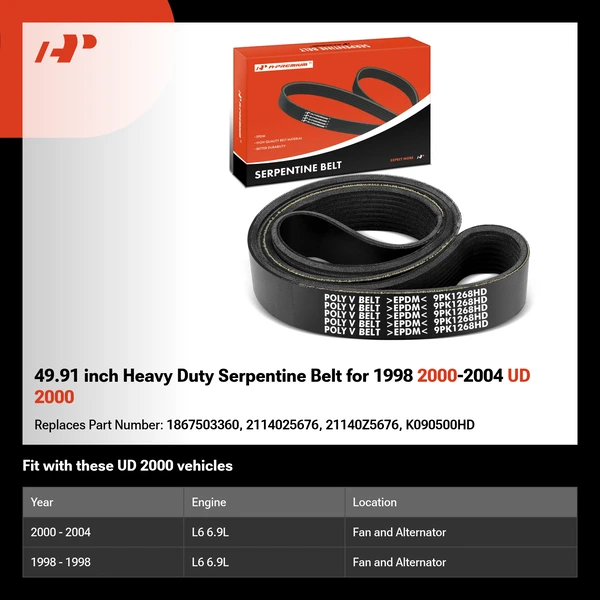 49.91 inch Heavy Duty Serpentine Belt for 1998 2000-2004 UD 2000