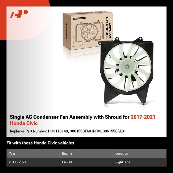 Single AC Condenser Fan Assembly with Shroud for 2017-2021 Honda Civic