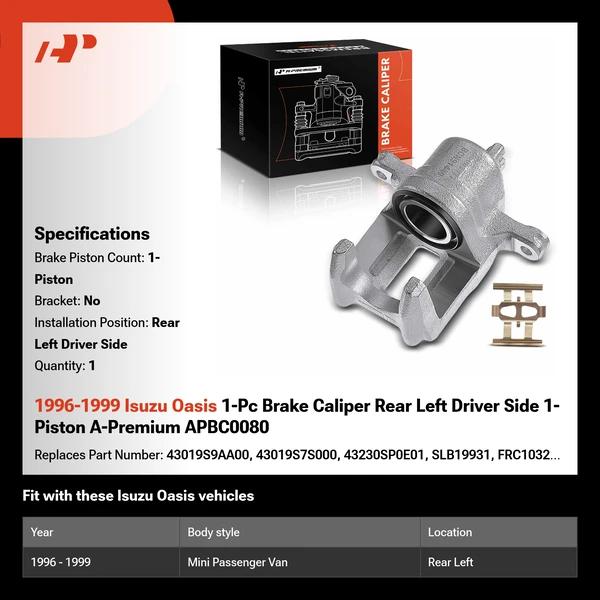 1996-1999 Isuzu Oasis 1-Pc Brake Caliper Rear Left Driver Side 1-Piston A-Premium APBC0080