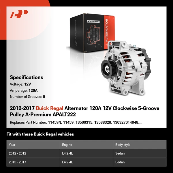 2012-2017 Buick Regal Alternator 120A 12V Clockwise 5-Groove Pulley A-Premium APALT222