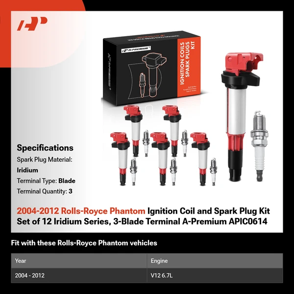 2004-2012 Rolls-Royce Phantom Ignition Coil and Spark Plug Kit Set of 12 Iridium Series, 3-Blade Terminal A-Premium APIC0614
