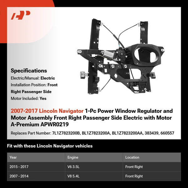 2007-2017 Lincoln Navigator 1-Pc Power Window Regulator and Motor Assembly Front Right Passenger Side Electric with Motor A-Premium APWR0219