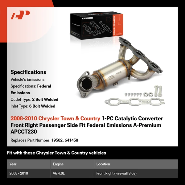 2008-2010 Chrysler Town & Country 1-PC Catalytic Converter Front Right Passenger Side Fit Federal Emissions A-Premium APCCT230