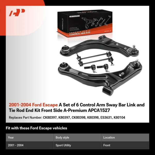 2001-2004 Ford Escape A Set of 6 Control Arm Sway Bar Link and Tie Rod End Kit Front Side A-Premium APCA1527