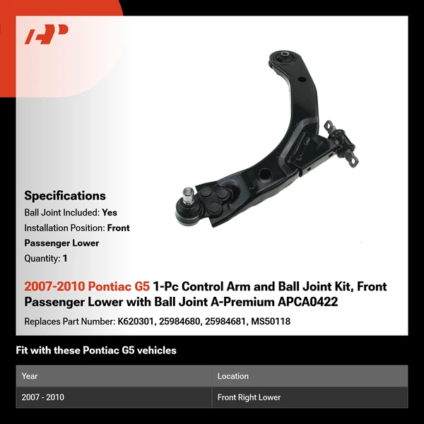 2007-2010 Pontiac G5 1-Pc Control Arm and Ball Joint Kit, Front Passenger Lower with Ball Joint A-Premium APCA0422