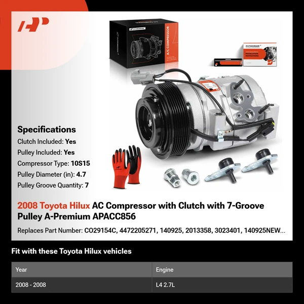 2008 Toyota Hilux AC Compressor with Clutch with 7-Groove Pulley A-Premium APACC856