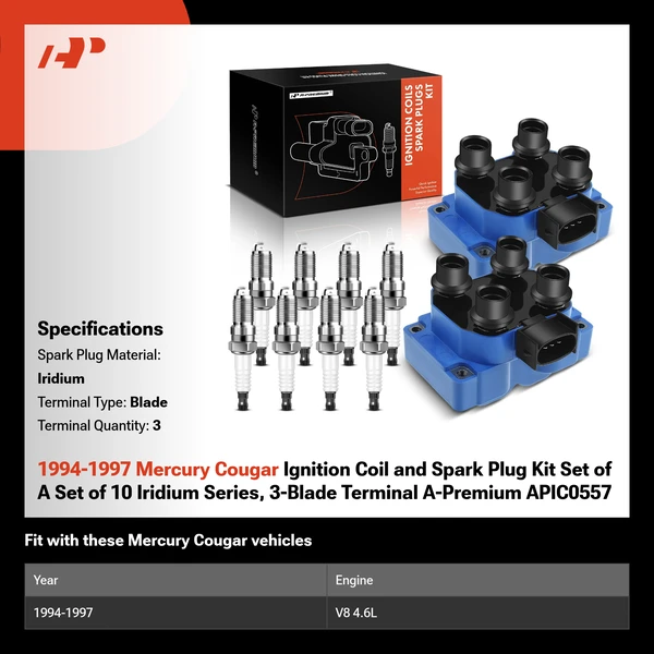 1994-1997 Mercury Cougar Ignition Coil and Spark Plug Kit Set of A Set of 10 Iridium Series, 3-Blade Terminal A-Premium APIC0557