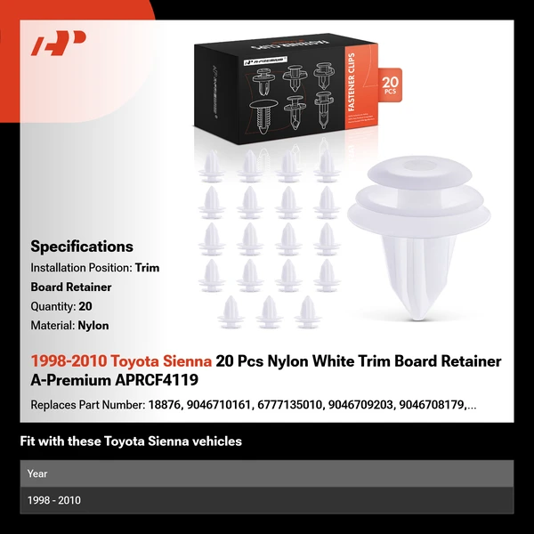 1998-2010 Toyota Sienna 20 Pcs Nylon White Trim Board Retainer A-Premium APRCF4119