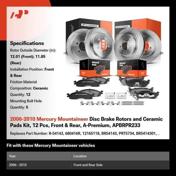 2006-2010 Mercury Mountaineer Disc Brake Rotors and Ceramic Pads Kit, 12 Pcs, Front & Rear, A-Premium, APBRPR233