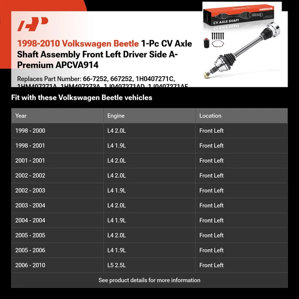1998-2010 Volkswagen Beetle 1-Pc CV Axle Shaft Assembly Front Left Driver Side A-Premium APCVA914