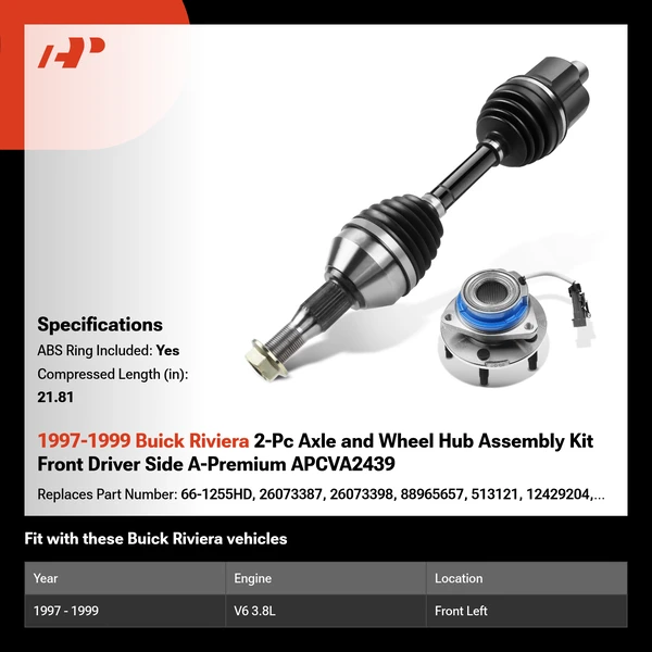 1997-1999 Buick Riviera 2-Pc Axle and Wheel Hub Assembly Kit Front Driver Side A-Premium APCVA2439
