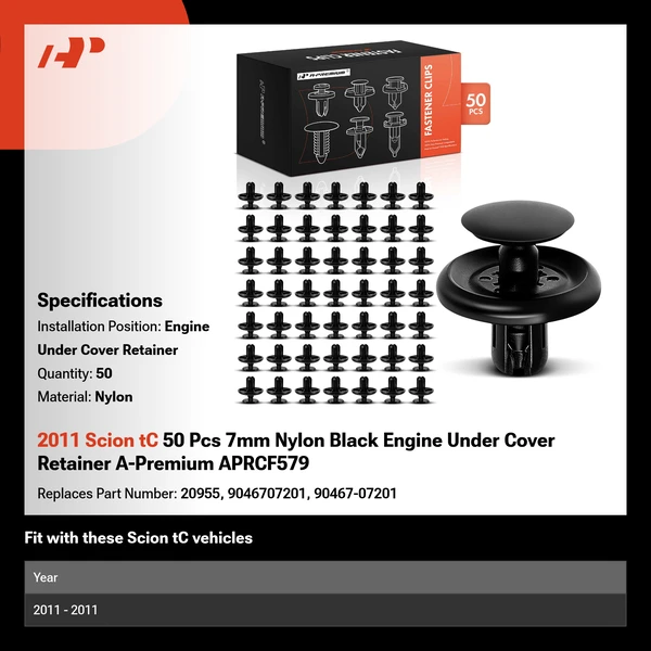 2011 Scion tC 50 Pcs 7mm Nylon Black Engine Under Cover Retainer A-Premium APRCF579