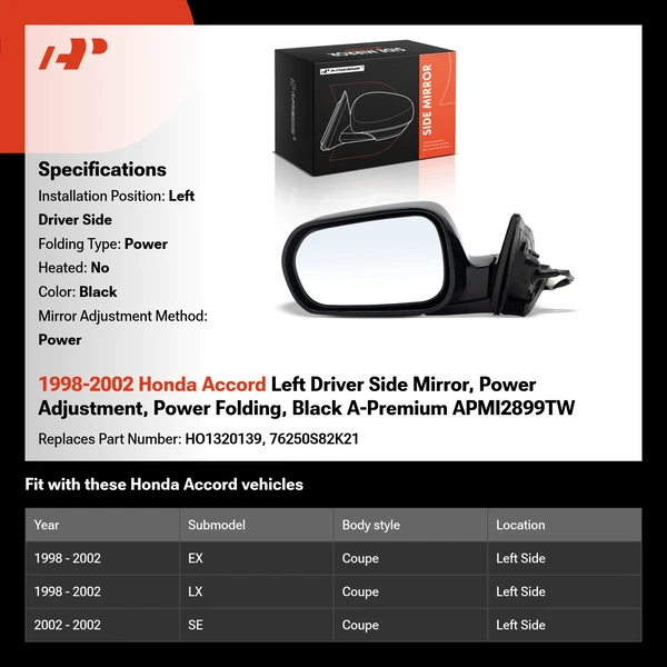1998-2002 Honda Accord Left Driver Side Mirror, Power Adjustment, Power Folding, Black A-Premium APMI2899TW