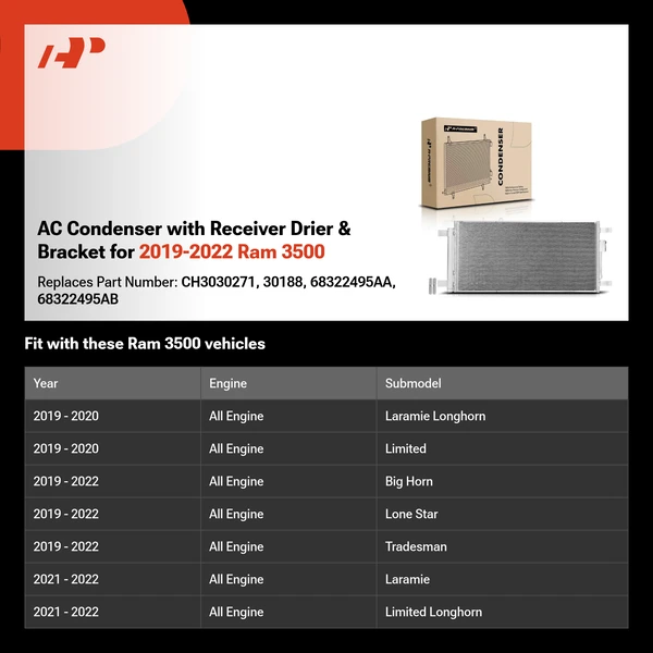AC Condenser with Receiver Drier & Bracket for 2019-2022 Ram 3500