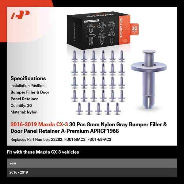 2016-2019 Mazda CX-3 30 Pcs 8mm Nylon Gray Bumper Filler & Door Panel Retainer A-Premium APRCF1968
