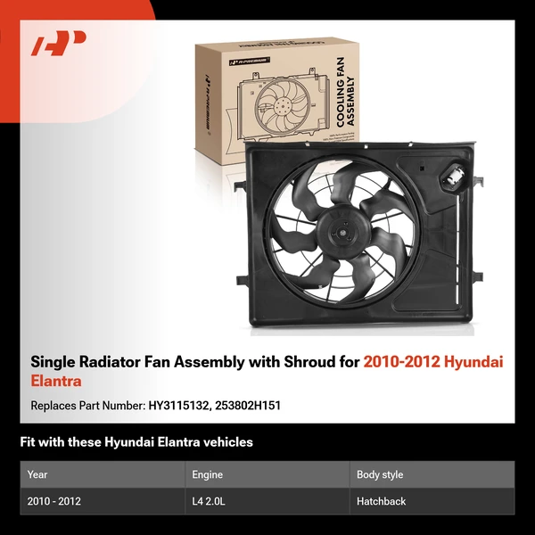 Single Radiator Fan Assembly with Shroud for 2010-2012 Hyundai Elantra