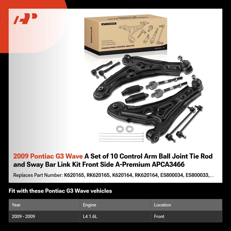 2009 Pontiac G3 Wave A Set of 10 Control Arm Ball Joint Tie Rod and Sway Bar Link Kit Front Side A-Premium APCA3466