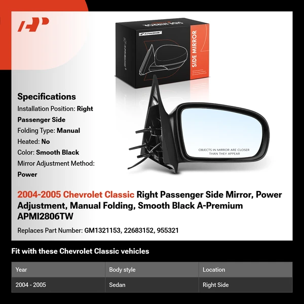 2004-2005 Chevrolet Classic Right Passenger Side Mirror, Power Adjustment, Manual Folding, Smooth Black A-Premium APMI2806TW