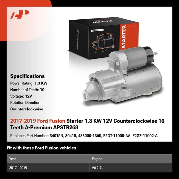 2017-2019 Ford Fusion Starter 1.3 KW 12V Counterclockwise 10 Teeth A-Premium APSTR268