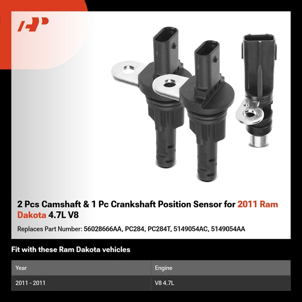 2 Pcs Camshaft & 1 Pc Crankshaft Position Sensor for 2011 Ram Dakota 4.7L V8