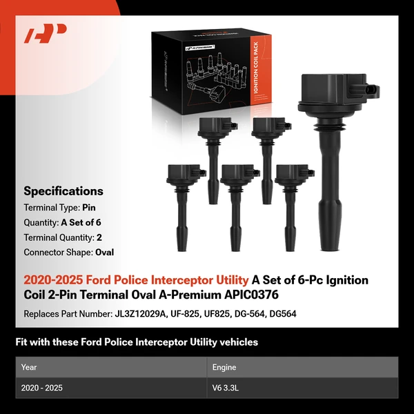 2020-2025 Ford Police Interceptor Utility A Set of 6-Pc Ignition Coil 2-Pin Terminal Oval A-Premium APIC0376