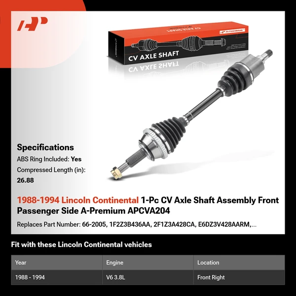 1988-1994 Lincoln Continental 1-Pc CV Axle Shaft Assembly Front Passenger Side A-Premium APCVA204