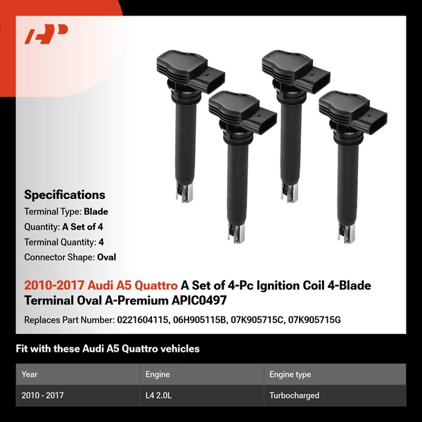 2010-2017 Audi A5 Quattro A Set of 4-Pc Ignition Coil 4-Blade Terminal Oval A-Premium APIC0497
