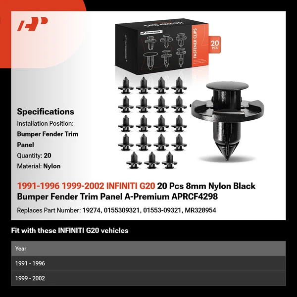 1991-1996 1999-2002 INFINITI G20 20 Pcs 8mm Nylon Black Bumper Fender Trim Panel A-Premium APRCF4298