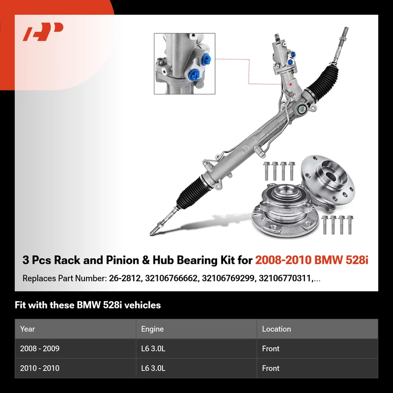 3 Pcs Rack and Pinion & Hub Bearing Kit for 2008-2010 BMW 528i