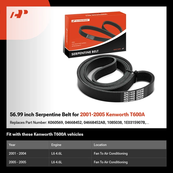 56.99 inch Serpentine Belt for 2001-2005 Kenworth T600A