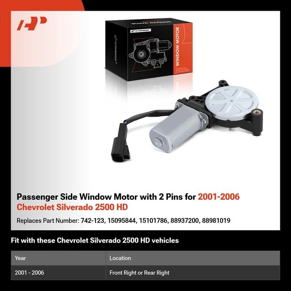 Passenger Side Window Motor with 2 Pins for 2001-2006 Chevrolet Silverado 2500 HD