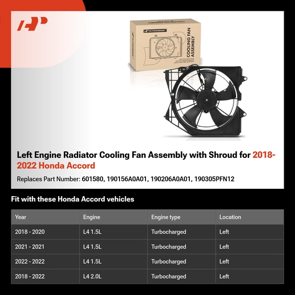 Left Engine Radiator Cooling Fan Assembly with Shroud for 2018-2022 Honda Accord