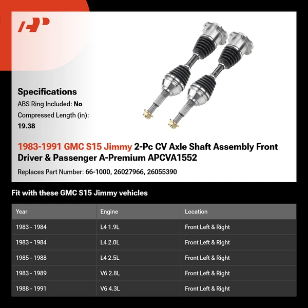 1983-1991 GMC S15 Jimmy 2-Pc CV Axle Shaft Assembly Front Driver & Passenger A-Premium APCVA1552