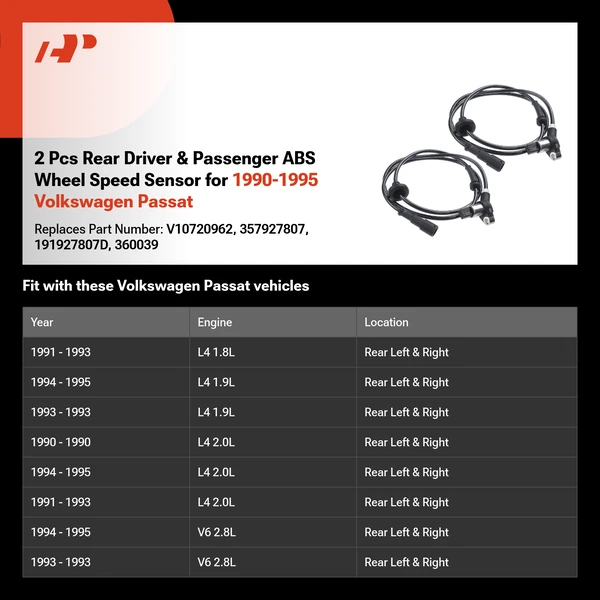 2 Pcs Rear Driver & Passenger ABS Wheel Speed Sensor for 1990-1995 Volkswagen Passat